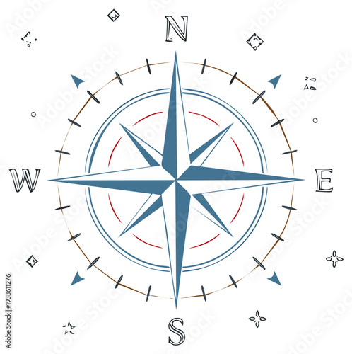 Vintage style compass rose sketch for navigation, travel, and adventure concepts