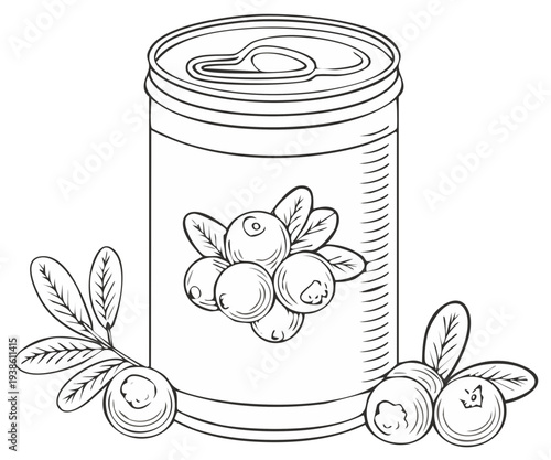 Line art illustration of a soda can with cranberries and leaves, representing a cranberry flavored soda, isolated on white