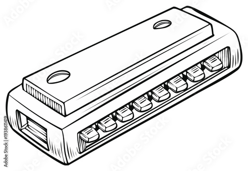 Black and white illustration of a diatonic harmonica musical instrument isolated