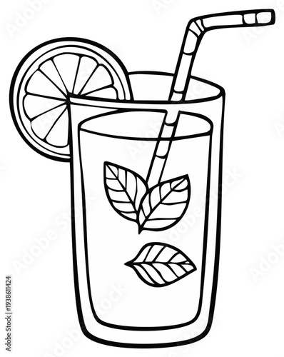 Refreshing Drink with Lime Slice and Mint Leaves Styled as Line Art Illustration