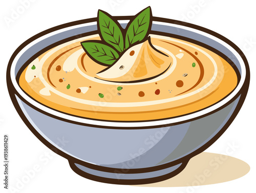 Delicious creamy soup topped with basil leaves served in a gray bowl, food illustration
