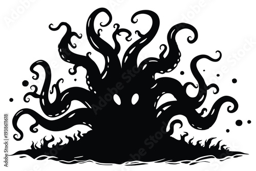 Dark Silhouette of a Monster with Tentacles Growing from its Head on White