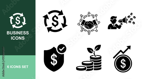 Business icons set for finance and strategy concepts including growth investment money charts analysis and teamwork 6 icons set