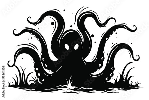 Dark Eldritch Monster with Tentacles Standing Under a Starry Night Sky and Reflective Water
