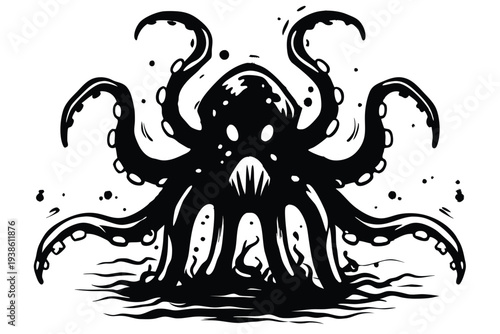 Detailed Black and White Illustration of a Hydra Monster with Tentacles and Snake Heads