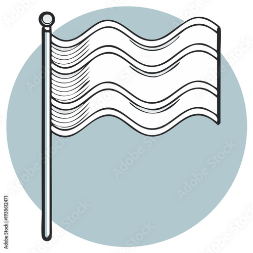 Simple Sketch of a Waving Flag on a Pole Against a Soft Blue Circle Background