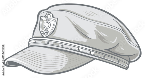 Vintage police cap illustration with badge detailed design in gray scale