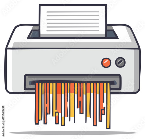 Paper shredder destroying documents into strips with orange and yellow accents, illustration