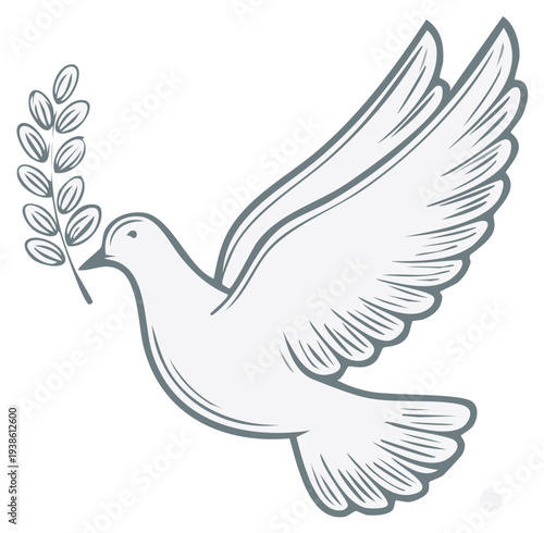 Dove of Peace carrying a green olive branch symbolizing hope and tranquility in flight