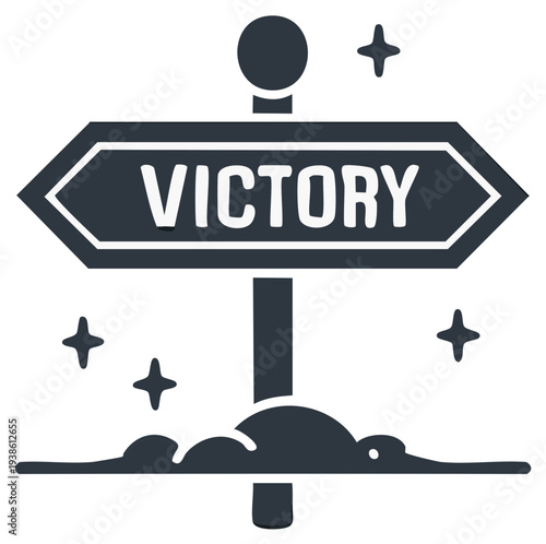 Directional signpost pointing towards victory with celebratory stars and ground elements