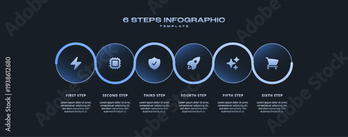 Dark Tech Infographic with Blue Gradient Glow, Futuristic Neon Circular Horizontal 6 Step Process Timeline for Presentations, Banners, Flowcharts, Business Reports, and Modern Digital UI Design Assets