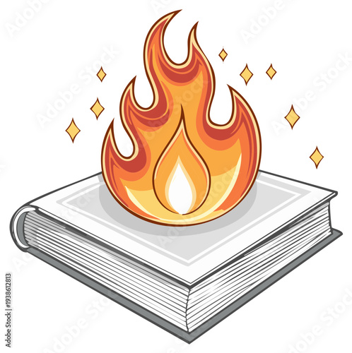 Open book engulfed in vibrant flames with sparkling magical embers glowing above