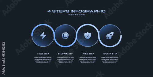 Dark Tech Infographic with Blue Gradient Glow, Futuristic Neon Circular Horizontal 4 Step Process Timeline for Presentations, Banners, Flowcharts, Business Reports, and Modern Digital UI Design Assets