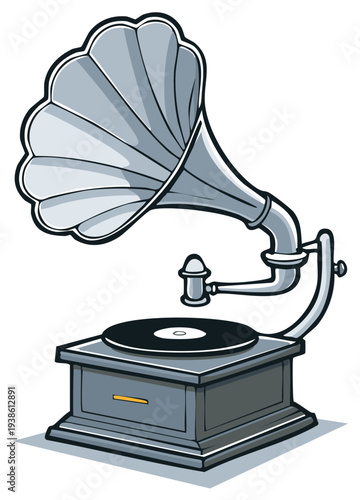 Illustration of antique gray phonograph playing a black vinyl record on a square wooden base