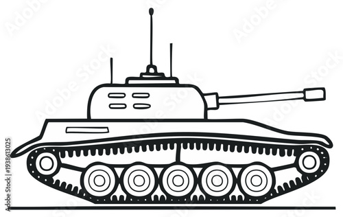 Outline of a military armored vehicle with treads and cannon on a white background