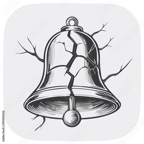 Cracked bell illustration with branches. Symbol of damage or loss with monochrome details.
