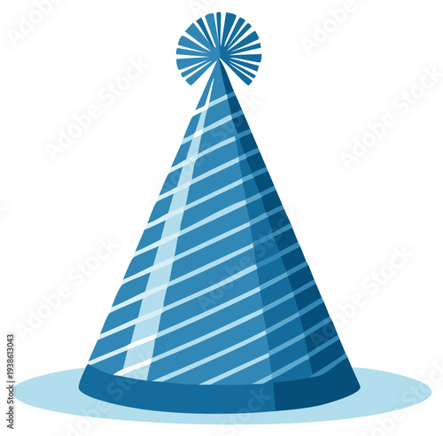 Festive blue birthday party hat illustration featuring stripes and a pom-pom, perfect for holiday celebrations.
