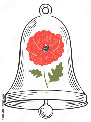 Bell with red poppy flower illustration for Remembrance Day and Memorial Day
