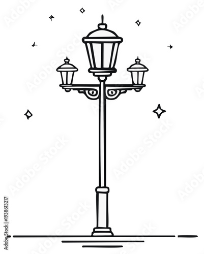 Black and white street lamp with surrounding stars illustration