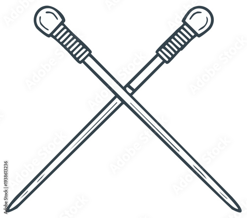 Crossed knitting needles line art illustration, craft concept