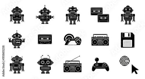 Retro Technology Icons Featuring Robots and Cassette Tapes.