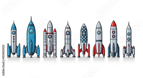 Collection of diverse cartoon rockets lined up horizontally.