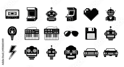 Retro Technology Icons Collection Featuring Robots and Arcade Machines.