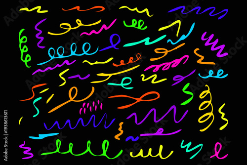 Big set multicolored untidy scribble lines, doodles Hand drawn marker curved lines, crayon drawing isolated on black background Colorful charcoal abstract elements Squiggles scribbles cratches