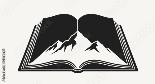 Open Book with Mountain Landscape Silhouette
