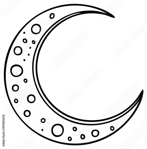 Hand drawn crescent moon with celestial craters and starry details