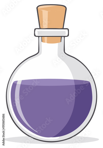 Round potion bottle with purple liquid sealed with cork, magical elixir concept