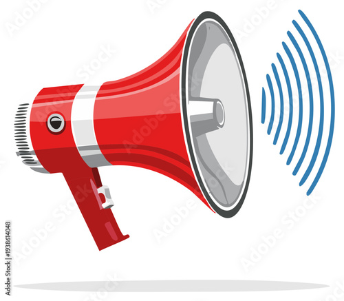 Vector illustration of a red megaphone broadcasting sound waves, promoting announcements.