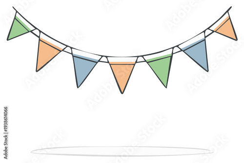 Pastel Party Flags Hanging Illustration, Green, Blue, Orange, Celebration Banner
