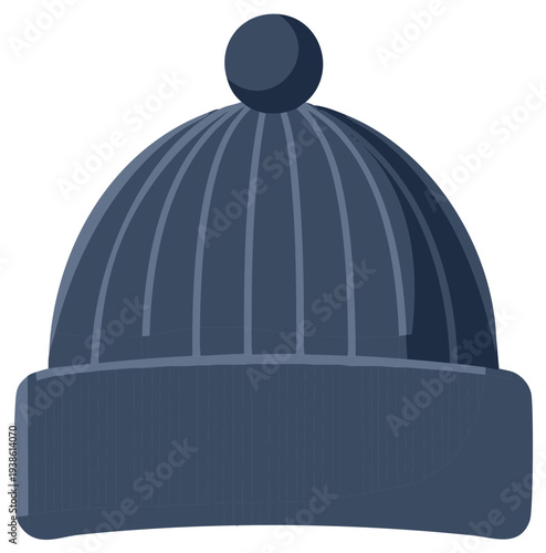 Cartoon illustration of warm winter knit hat with pompom for cold weather