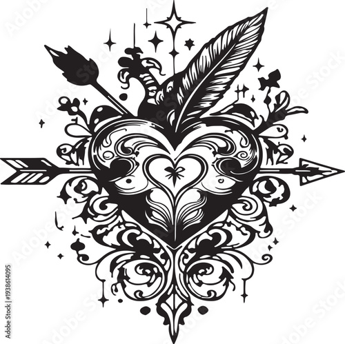 Ornate black and white heart pierced by an arrow surrounded by baroque floral scrollwork elements