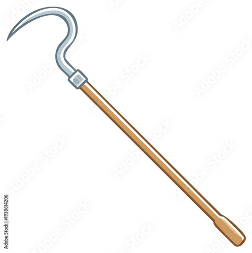 Cartoon style fishing gaff with a long wooden pole and curved metal hook isolated