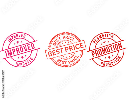 Three circular rubber stamps with 'IMPROVED', 'BEST PRICE', and 'PROMOTION' text, isolated on white background, representing business offers and quality.