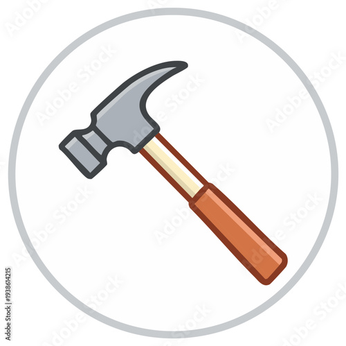 Illustration of a Claw Hammer Tool with Wooden Handle in a Circle Frame, Home Repair Concept