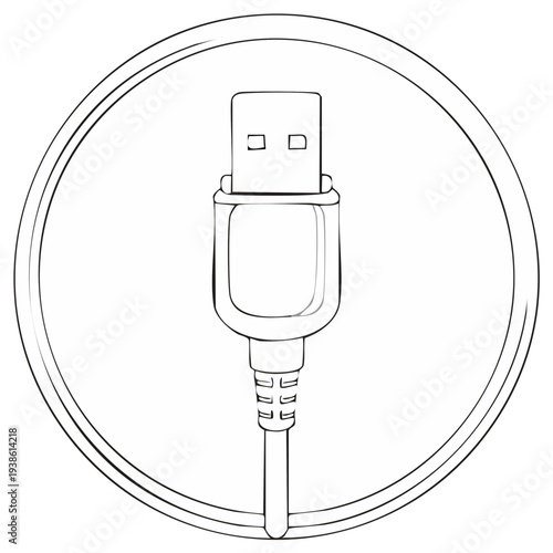 USB Connector Line Drawing in Circle Frame Data Port Symbol Connection Outline Technology Concept Icon Communication Digital