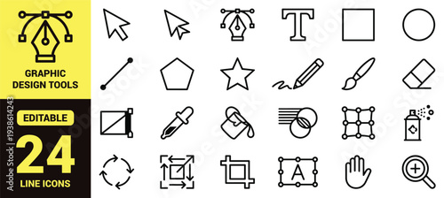 Graphic design tools icon set with cursor, pen tool, text tool, shapes, brushes, gradients, mesh, crop, zoom, and essential design ranking symbols in clean modern line‑art vector style