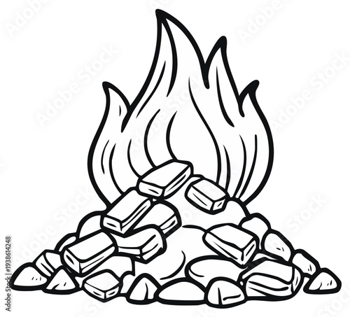 Cartoon illustration of a glowing campfire with burning logs and embers in a stylized drawing
