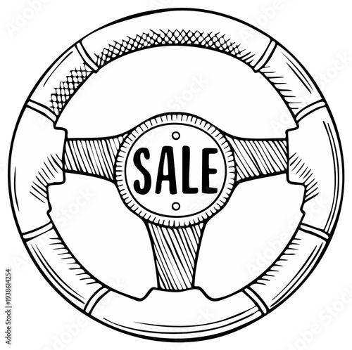 Steering Wheel with Sale Sign, Representing Car Dealership and Automotive Industry Promotion
