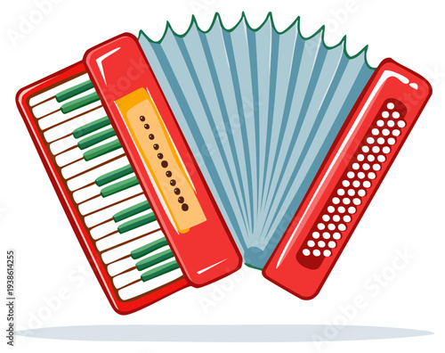 Illustration of a red and blue accordion musical instrument.