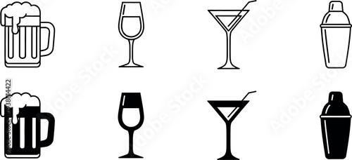 Icon set drinks and beverages beer wine cocktail illustrations