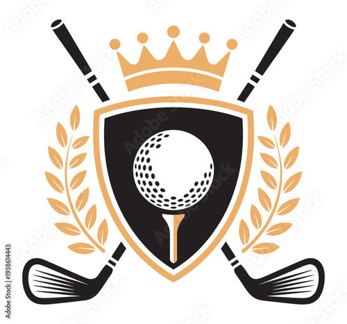 Golf Club Shield Logo, crown and laurel wreath vector emblem, classic golf symbol for club identity, sports branding, and illustration