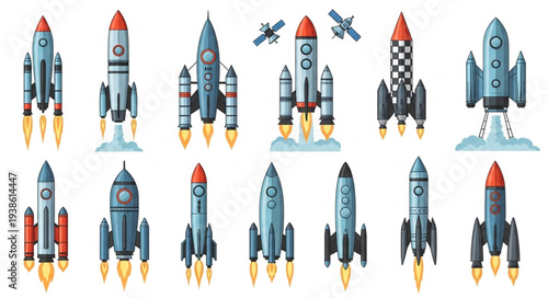 Collection of Retro Style Spaceships and Rockets Launching.