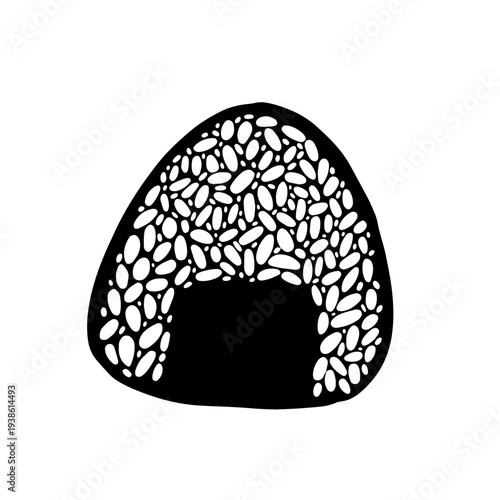Hand drawn doodle onigiri sushi illustration. Single onigiri piece isolated on white background. Simple outline drawing suitable for food design, packaging, branding, prints, menus