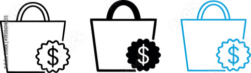 Seo friendly icon set shopping bags with dollar sign symbols for e commerce and finance concepts