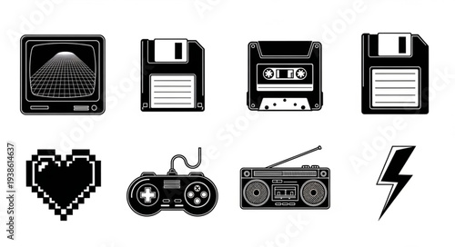 Retro Technology Icons Set Vintage Electronic Devices.