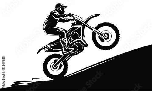 Dynamic Dirt Bike Performing Wheelie On Clean White Background, Pure Black And White Silhouette Illustration. Motocross Rider Stunt Action With High Speed Energy, Extreme Sports Adventure And Off Road
